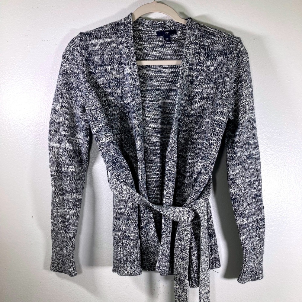 Gap XS 100% Cotton Womens Belted Open Front Cardigan Navy White Cotton Sweater